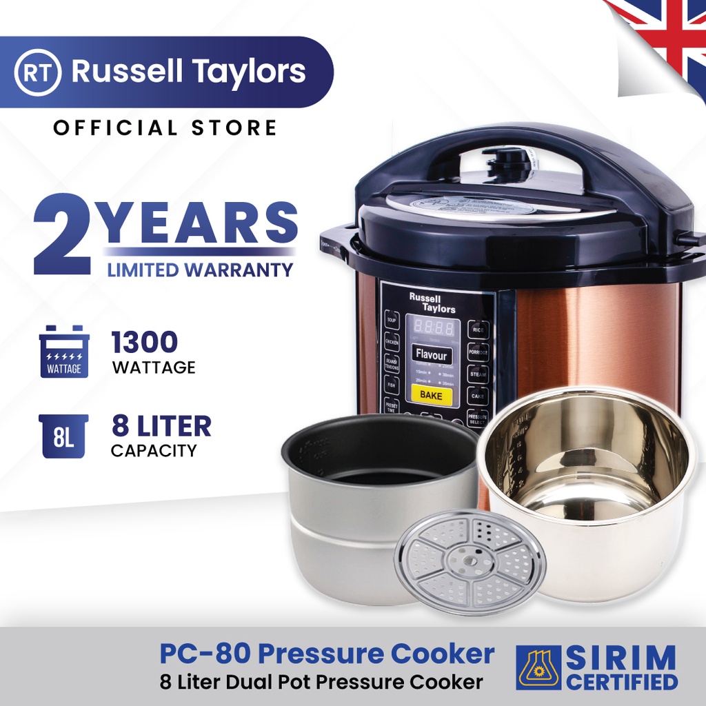 Russell Taylors Dual Pot Pressure Cooker Electric Rice Cooker 2 Inner Pots + 1 Steam Rack (8L) PC-80