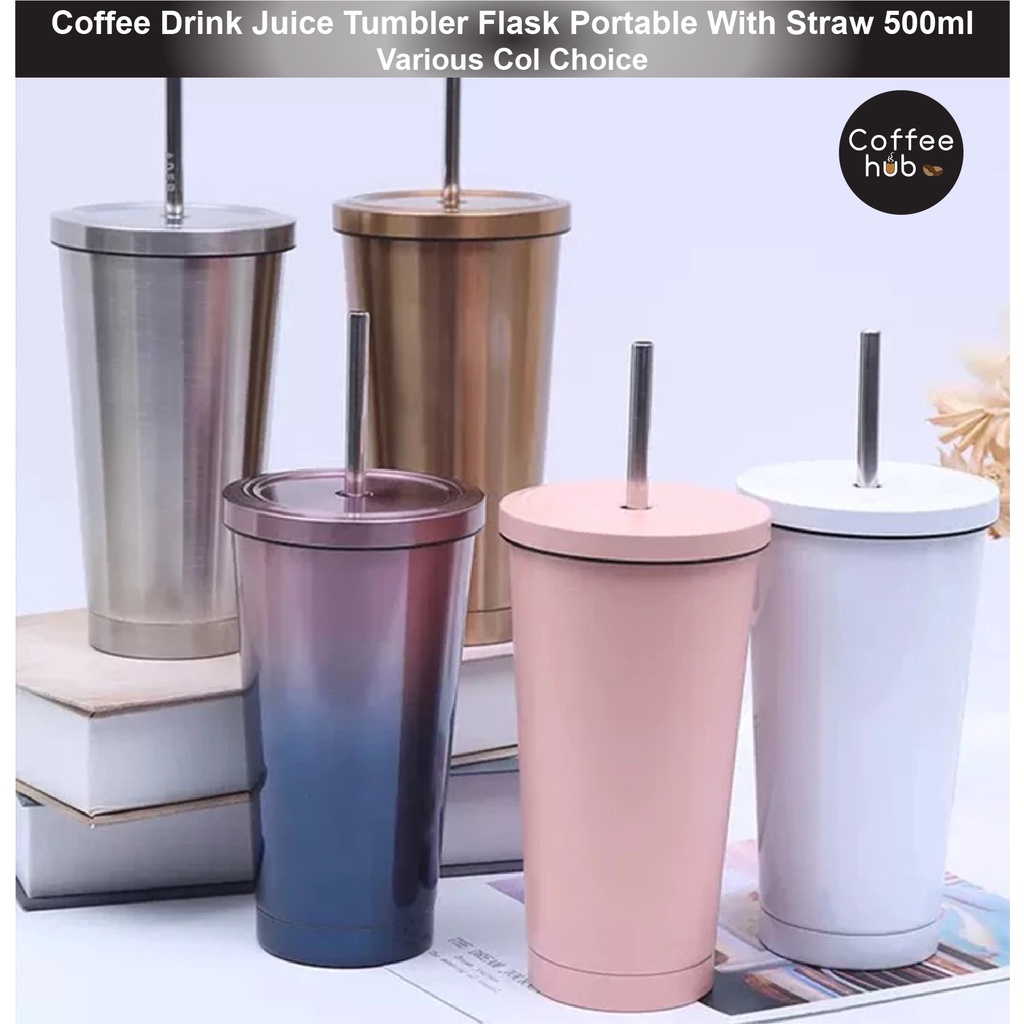 (Ready Stock)Coffee Mug Drink Travel Portable Flask Insulated Stainless Steel 500ml Tumbler With Straw