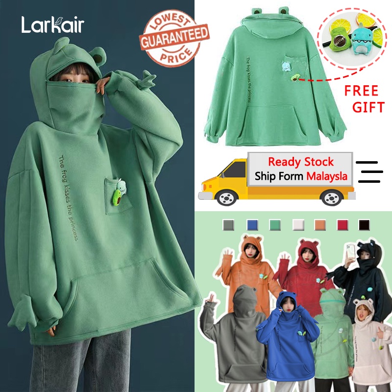 【Ready Stock】Korean Style Green Big Size Fleece Hoodies Women Stitching Cute Frog Hoodie Pullover Pocket Coat oversized