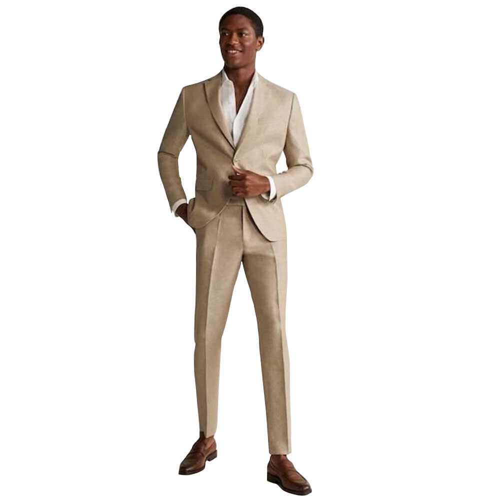 Men Custom Made Designer Beige Linen 2 Piece Wedding Suit Party Wear Coat Pant Groom Suit Grooms