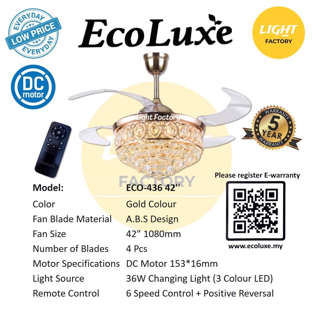 shopee: ECOLUXE DC Motor Chandelier Ceiling Fan Crystal Fan 42'' 3 Colour LED Light 6 Speed C/W Remote Control Invisible Blades (0:9:Model :ECO-436 Gold;:::)