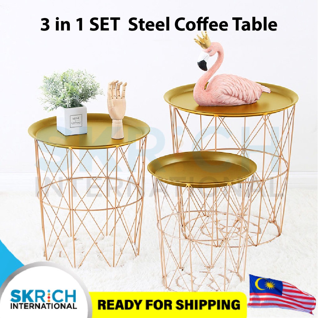 3 In 1 Set Coffee Table Side Table Coffee Nordic Design Storage Basket Made From Steel Set Shopee Malaysia