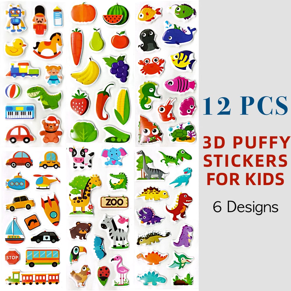 12 PCS Cute Cartoon Embossed Puffy Adhesive Labelling Stickers for Kids ...