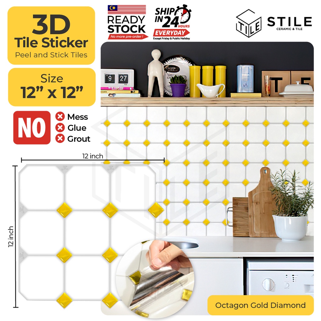 Octagon Gold 3D Tiles Sticker Kitchen Bathroom Wall Tiles Sticker Self