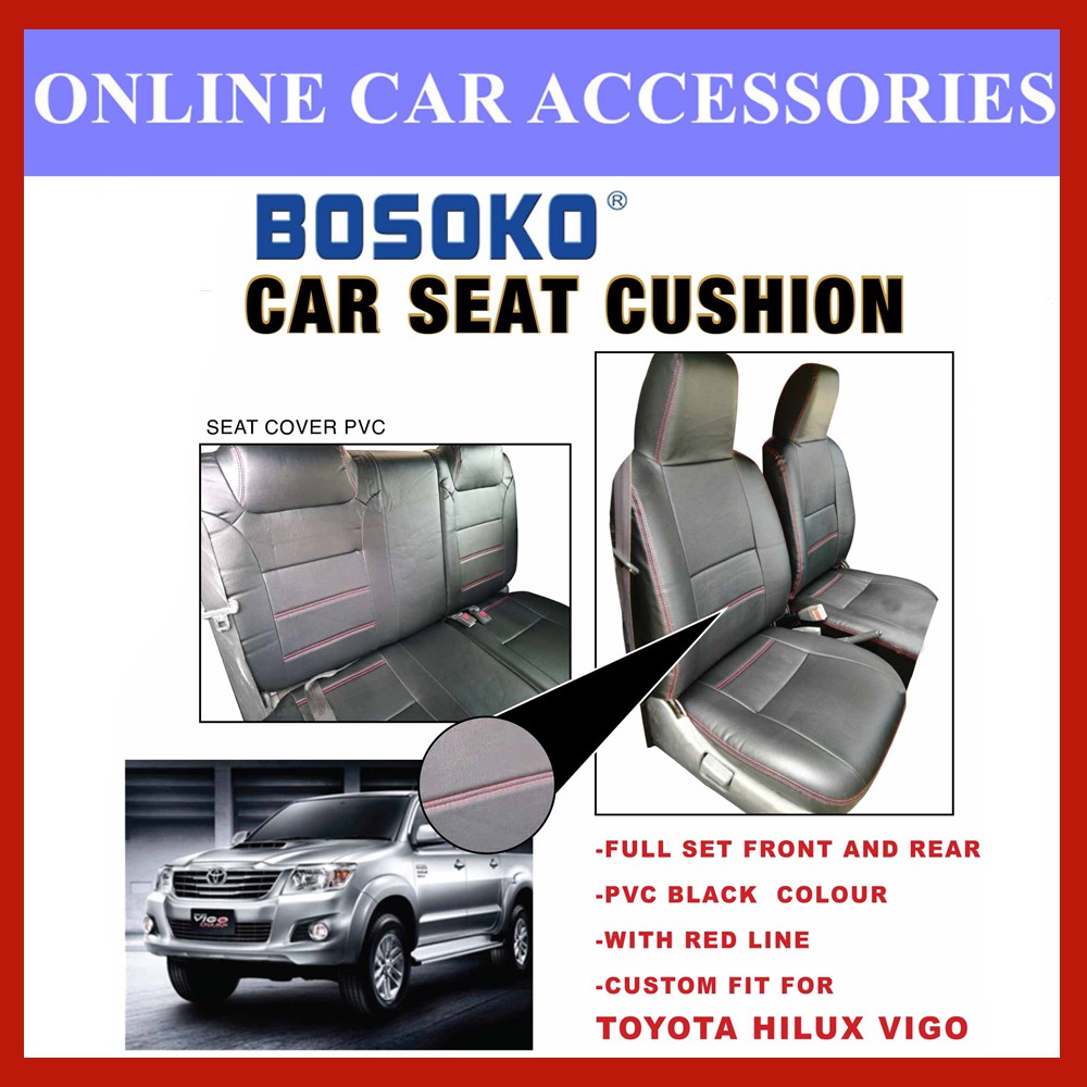 Toyota Hilux Virgo - Custom Fit OEM Car Seat Cushion Cover PVC Black Colour Shining With Red Line (Made In Malaysia)