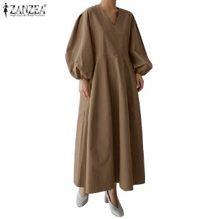Image of ZANZEA Women V Neck Long Puff Sleeve Side Pockets Maxi Dress