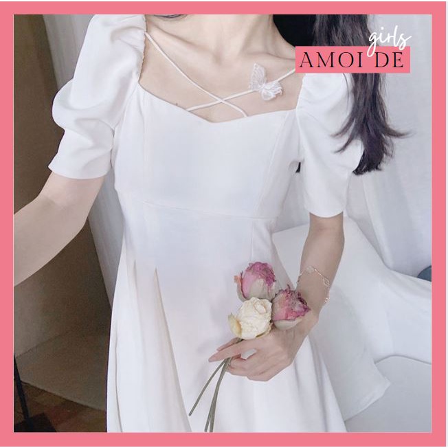 French Square Collar Puff Sleeve Mid Length Dress Women? French Square Collar White First Love Dress Retro Super Fairy Puff Sleeve Mid Length Dress