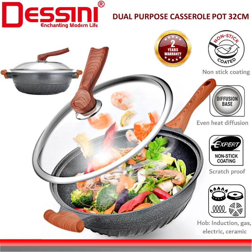 DESSINI ITALY 32CM Marble Stone Induction Casserole Non Stick Frying Pan Wok Pot Bowl Cookware + Cover / Kuali Periuk