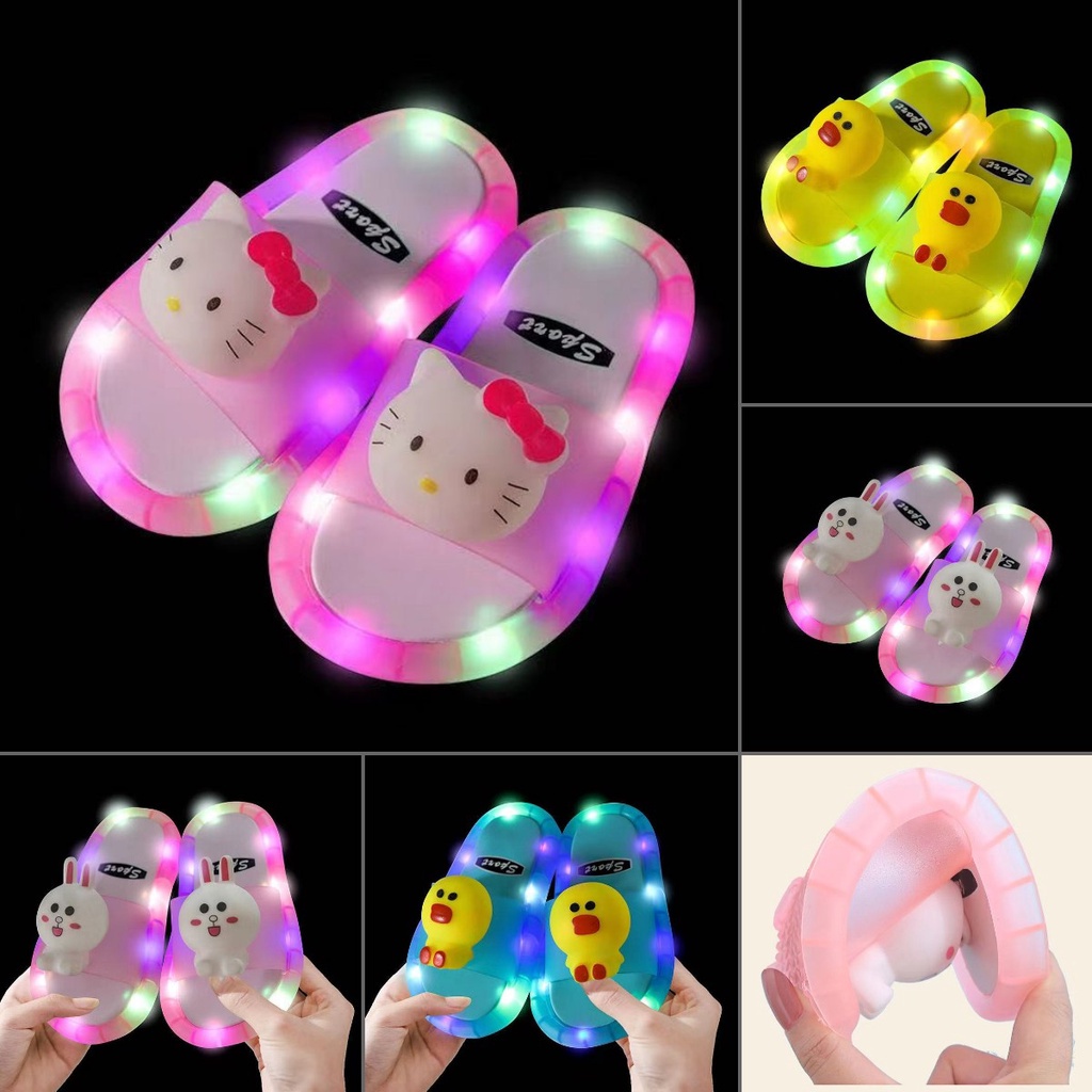 Ready Stock】Kids Slipper LED Light children's slippers Hello Kitty Summer Children's Flip Flop Girls and Boys Baby Non-slip Glowing Home Shoes/Selipar kanak-kanak