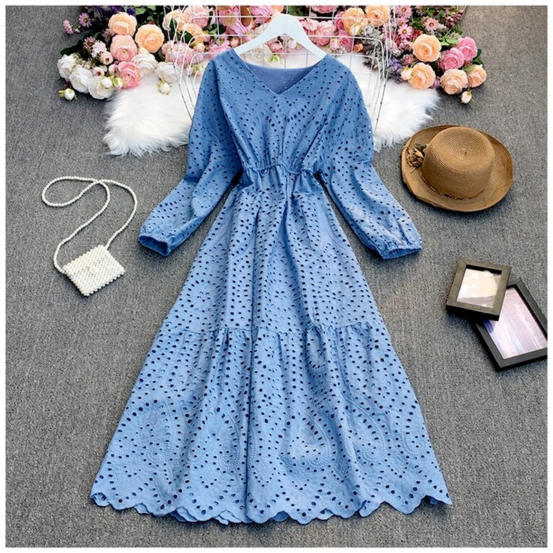 Loose Lady Sweet V-neck High Waist A-line Dresses Spring Autumn Women Vintage Embroidery Hollow Out Long Sleeve Dress