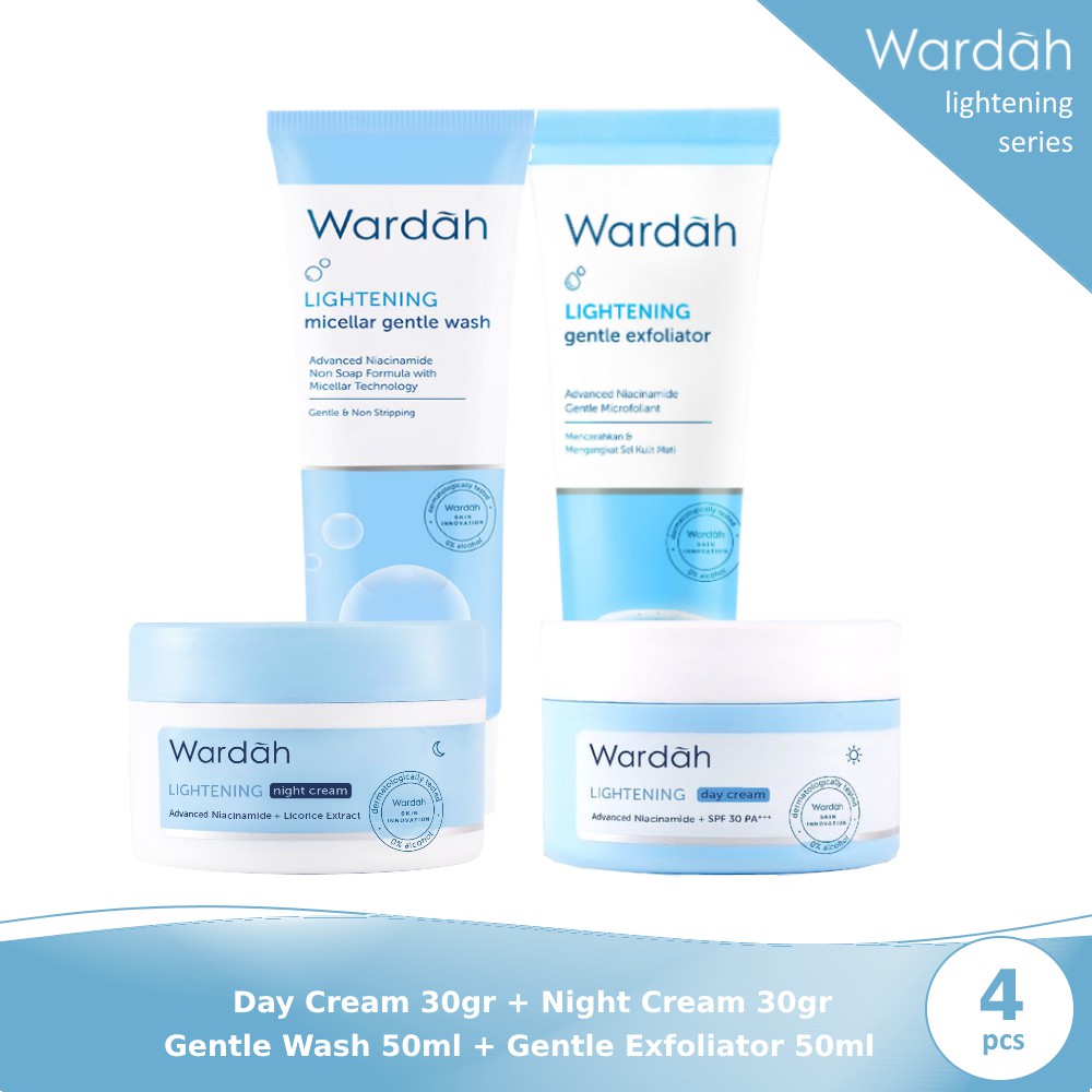 Wardah Lightening Package 4 (Day 30gr + Night 30gr + Gentle Wash 50ml ...