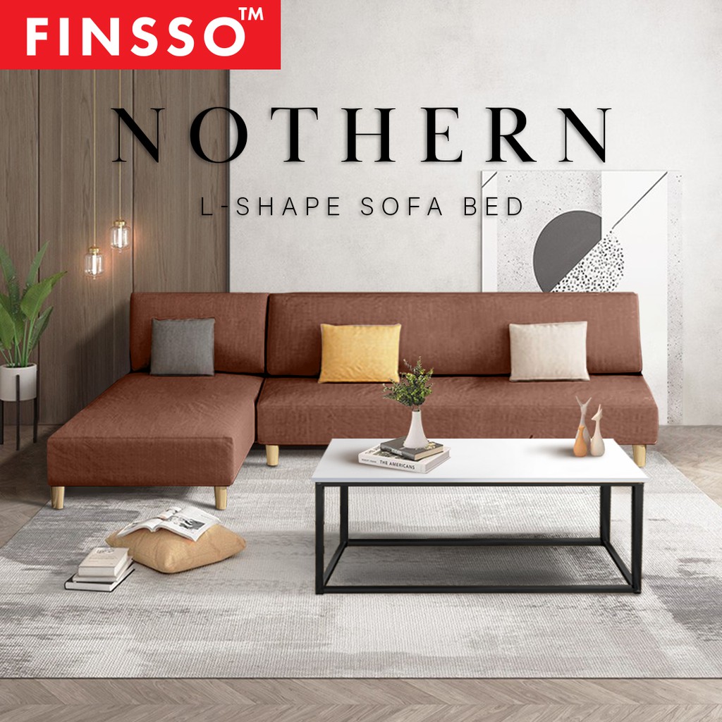 FINSSO: Kingsley L Shape Sofa / 4 Seater Foldable Sofa Bed / Canvas fabric 2 in 1 with 1 Year Warranty