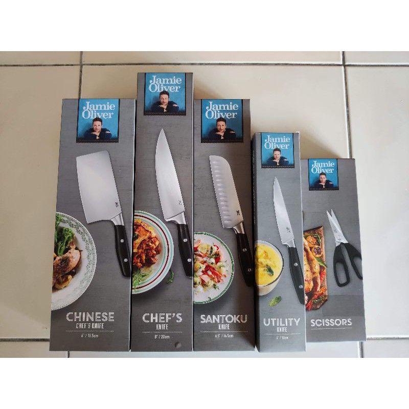 Jamie Oliver Professional Chef Knifes Set Kitchen Scissors / Utility /Santoku /Acacia Serving