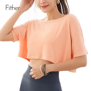 Fit.HER Yoga Dress Women's Loose Fitting Open Navel Sports Top Summer Thin Quick Drying Fitness Dance Sports Short Sleeve T-shirt