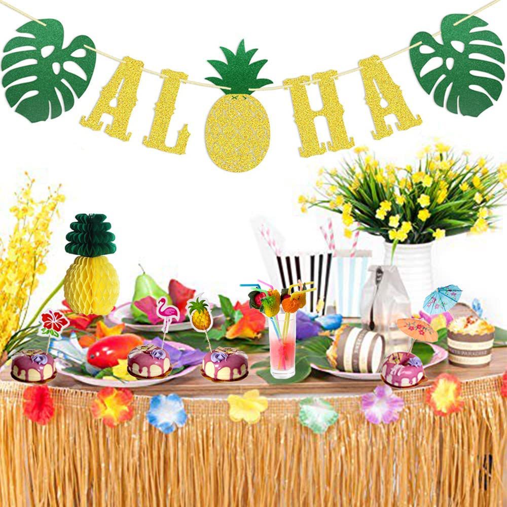 Hawaiian Party Decoration Palm Leaves Bunting Banner Luau Flamingo Pineapple Summer Tropical Party Decoration Hawaii Party Supplies