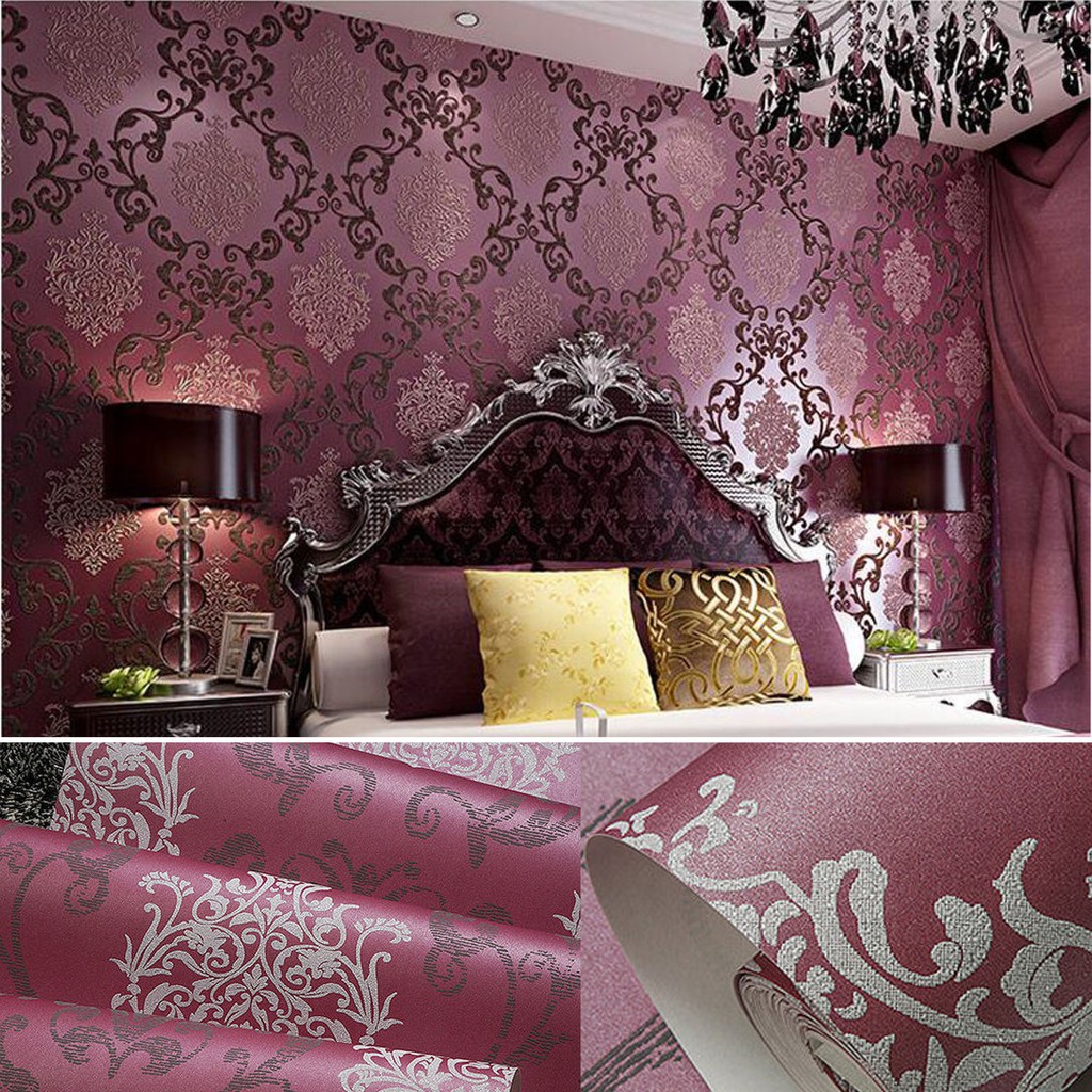 Luxury Purple 10m Damask Embossed Textured Feature Wallpaper Roll Wall Decor