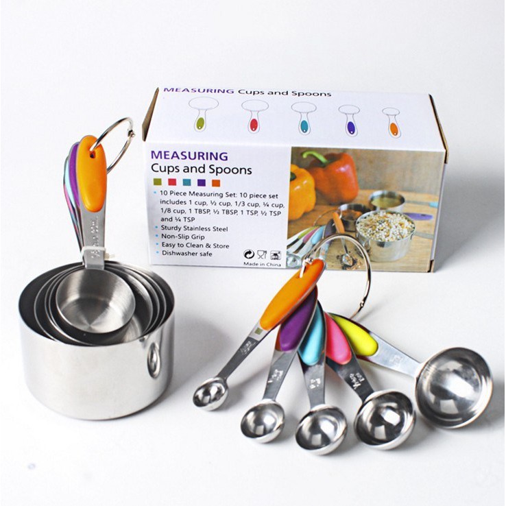 10 Piece Measuring Cups And Spoons Set In Stainless Steel With Silicone Handles