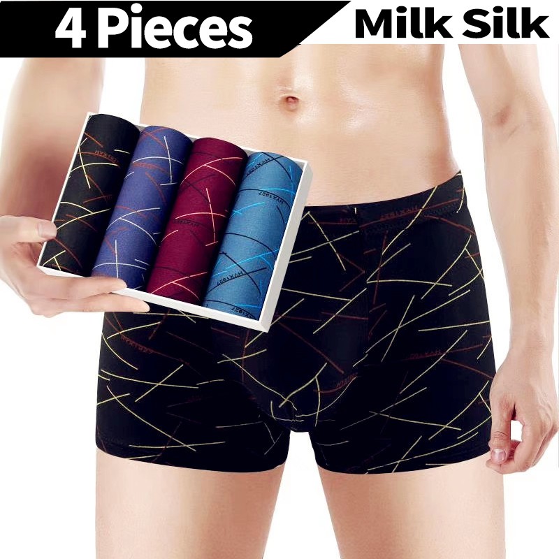 【4 PCS In 1】Milk silk Men's Boxer Breathable Trunk Underpants Elasticity Underwear Smooth Panties Soft Cool Briefs