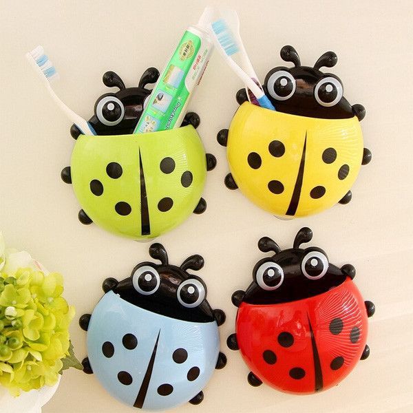 Bathroom Cute Cartoon Ladybug Patternr  Toothbrush & Toothpaste Storage Holde/ Suction Cup Wall-mounted Toothbrush