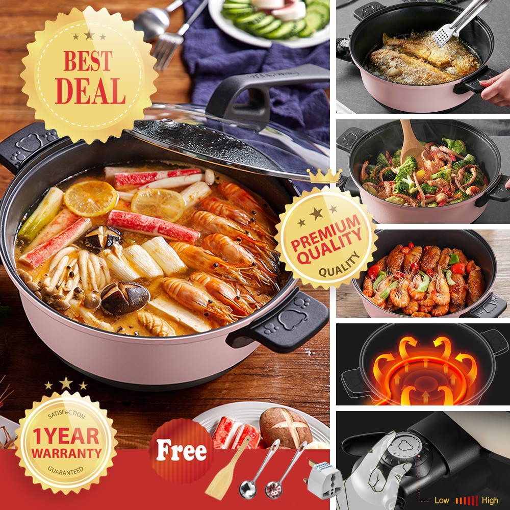 Bear DHG-B45A1 4.5L Multi-functional Non-stick Electric Skillet, Shabu-Shabu, Hot Pot with Tempered Glass Lid