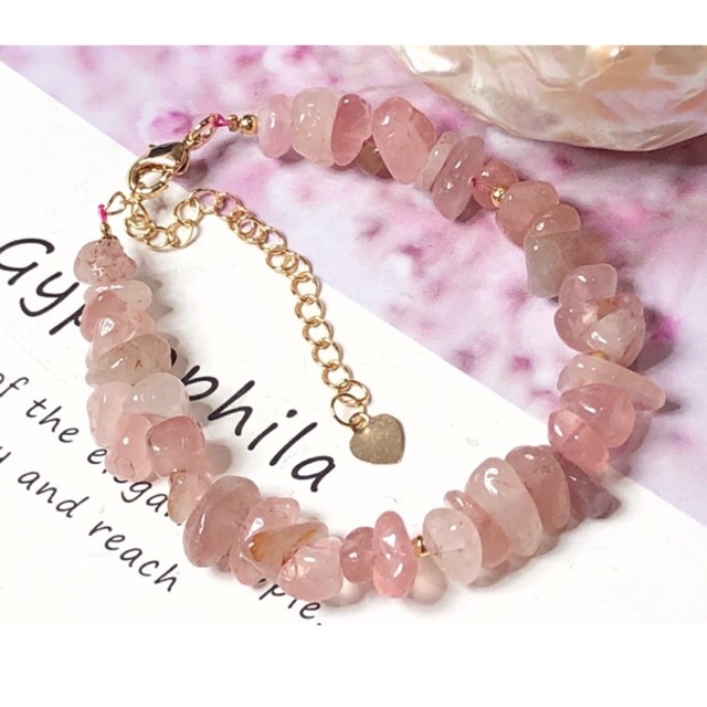 Gelang Tangan Kristal Suasa Emas Natural Crystal Madagascar Rose Quartz Bracelet 纯天然水晶马达加斯粉晶碎石手链