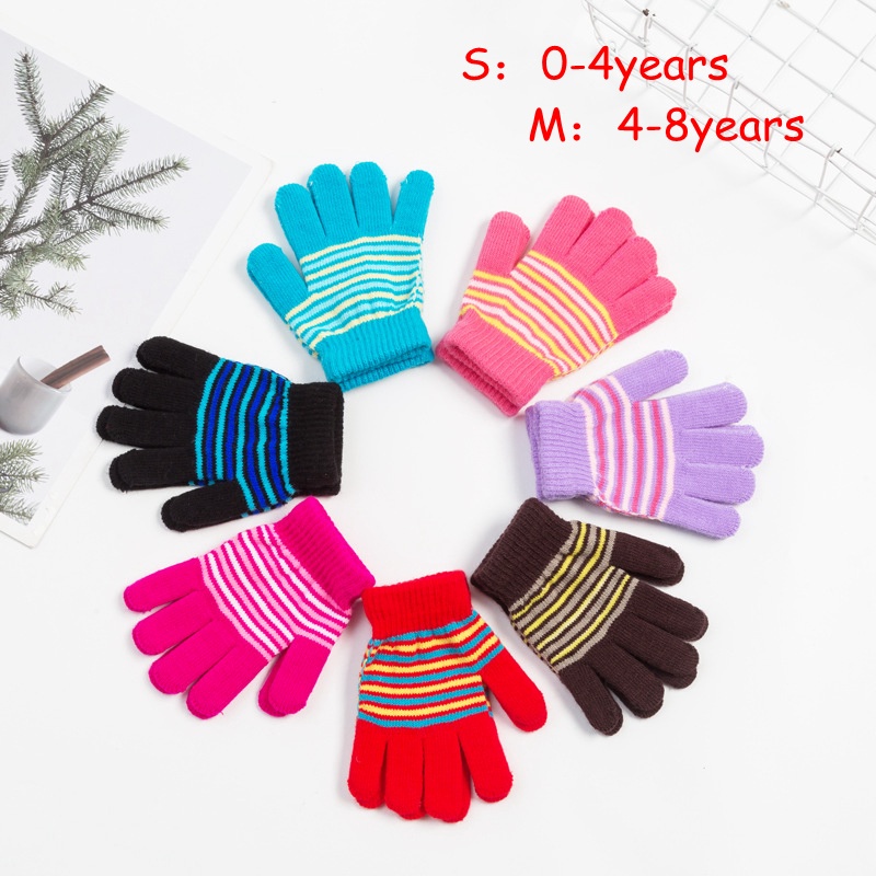 Children's knitted gloves/fleece warm five-finger gloves in autumn and winter three-color stripe stitching for 0-10 years old