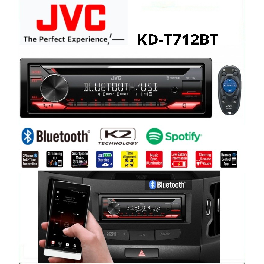 JVC KD-T712BT 1-DIN CD Receiver with BT Bluetooth Front USB/AUX Input ...
