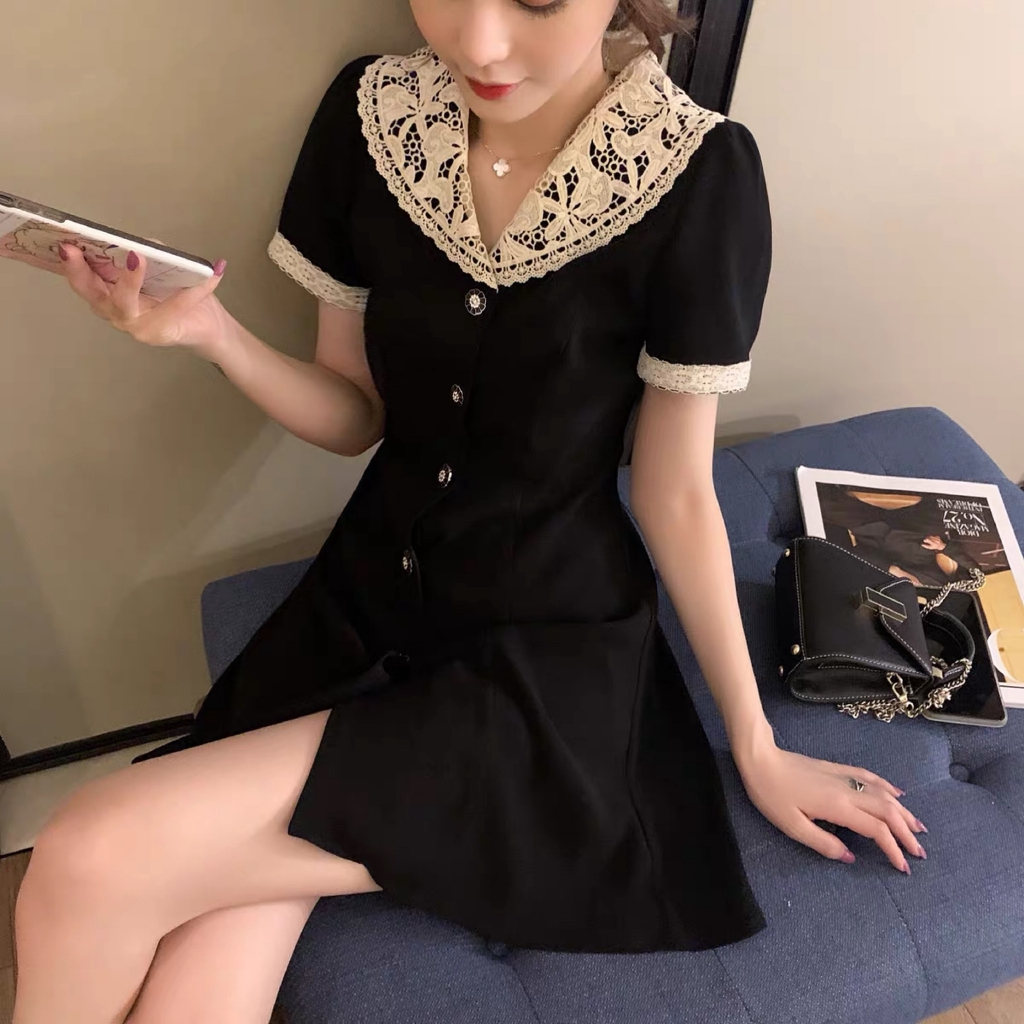 Spot Summer New Hepburn Style Lace Splicing Short Sleeve Dress One Piece Dress Small Black Dress Girls Retro Hong Kong Style Waist Closing Super Thin A Line Dress Shopee Malaysia