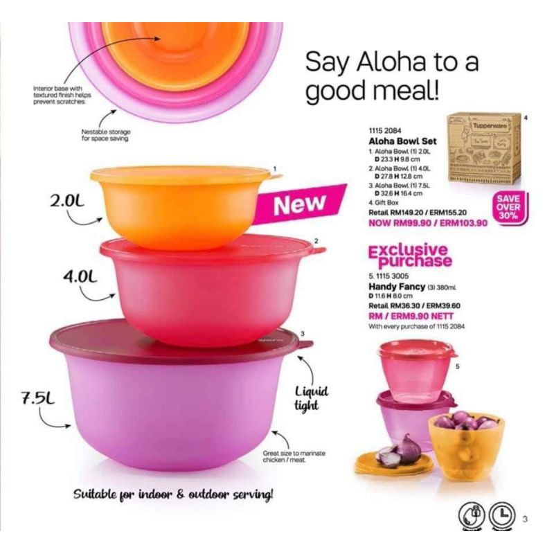 Tupperware Aloha Bowl Set (3) 7.5L, 4L & 2L