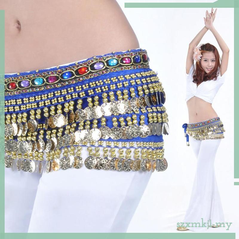 Ladies Belly Dance Wrap Belt Gold Tassel Hip Scarf Costume Blue