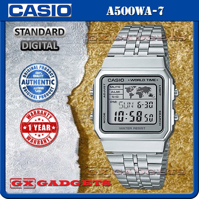 CASIO A500WA-7 STANDARD DIGITAL WATCH WORLD MAP TIME ALARM LED LIGHT WR  A500W | Shopee Malaysia