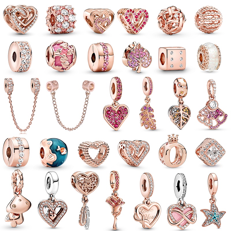 2022 New Rose Gold Leaves Feather Heart DIY Beads Fit Original Brand Charms Bracelets Necklaces For Women Men Girl Europe Jewelry Gift