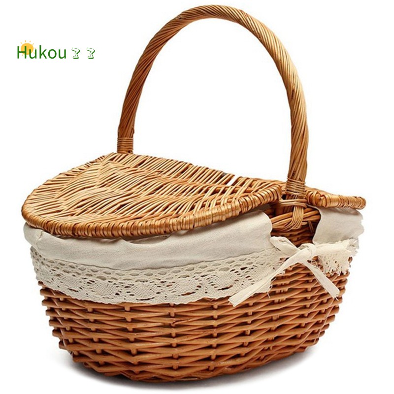 Mefeny Handmade Wicker Basket with Handle Wicker Camping Picnic Basket with Double Lids Storage Hamper Basket with Cloth Lining 