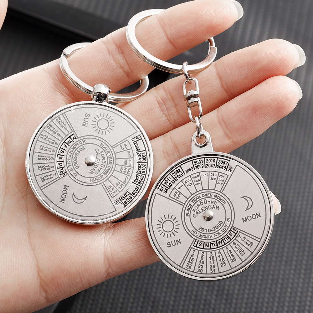 Unique Carving Years 2010 To 2060 Sun Moon Ideal Mini Perpetual Calendar Commemorative Keychains Gift Compass Keyring