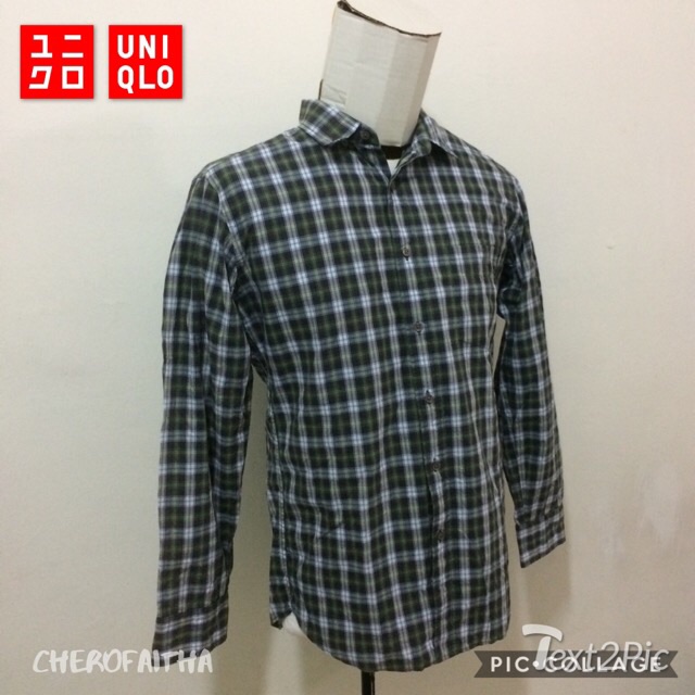  Baju  uniqlo  button up collar men Checkered d shirt long 