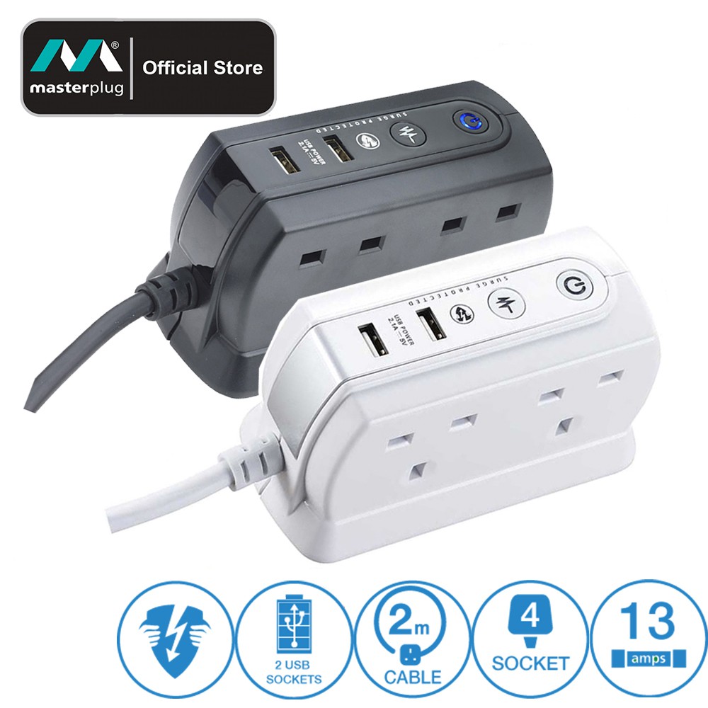 Masterplug Surge Protector 4 Gang 2 USB (2.1A) 2 Meter Extension Leads
