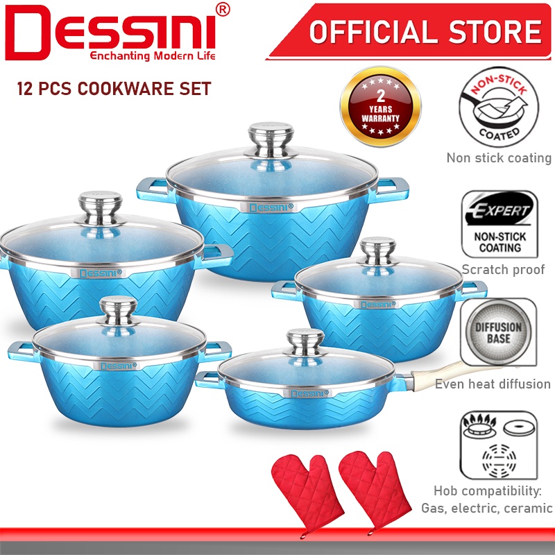 DESSINI ITALY WSB-12-S Die Cast Aluminium Non Stick Casserole Pot Bowl Deep Fry Pan Cookware Tool PERIUK (12 Pcs)