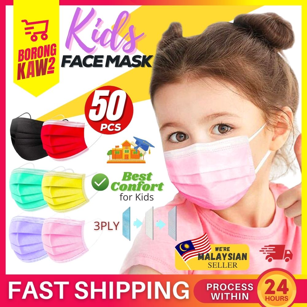 50pcs 3 PLY Face Mask Kids Disposable Earloop Flu Protection Pollution, Dust, Haze, Germs and Pollen Topeng Muka