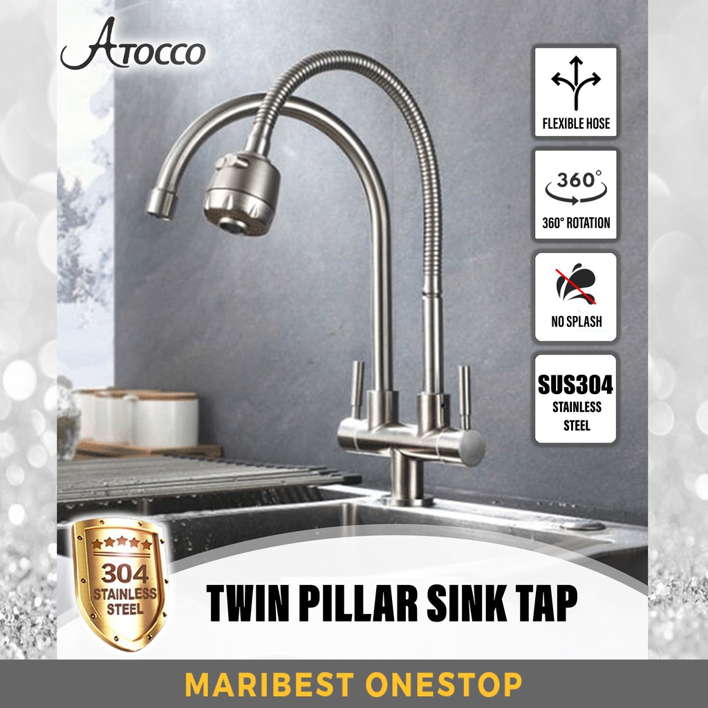 🌹[Local Seller] Atocco 304 Stainless Steel Twin Double Pillar Mounted Wall Mounted Tap Sink 2 M