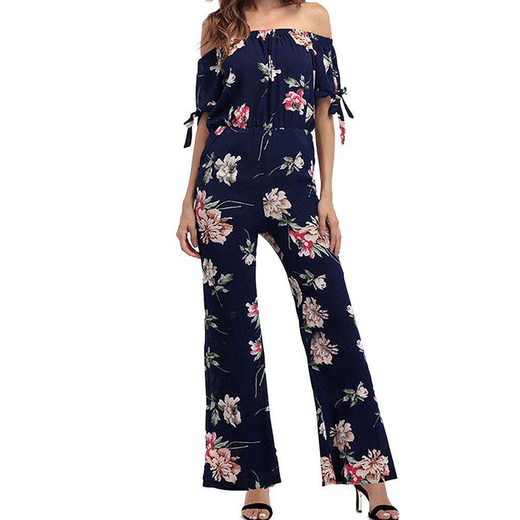 flower embroidery off shoulder wide leg jumpsuit