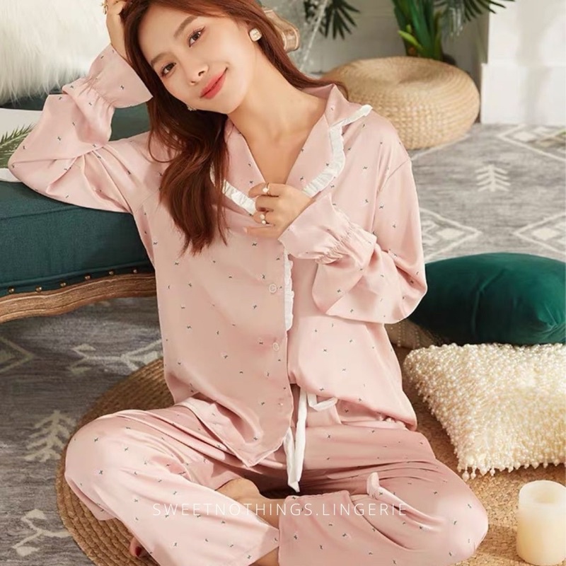 SweetNothings. CiaoCiao Silky Long Sleeve Pajamas Set Baju Tidur panjang Women Ladies Sleepwear