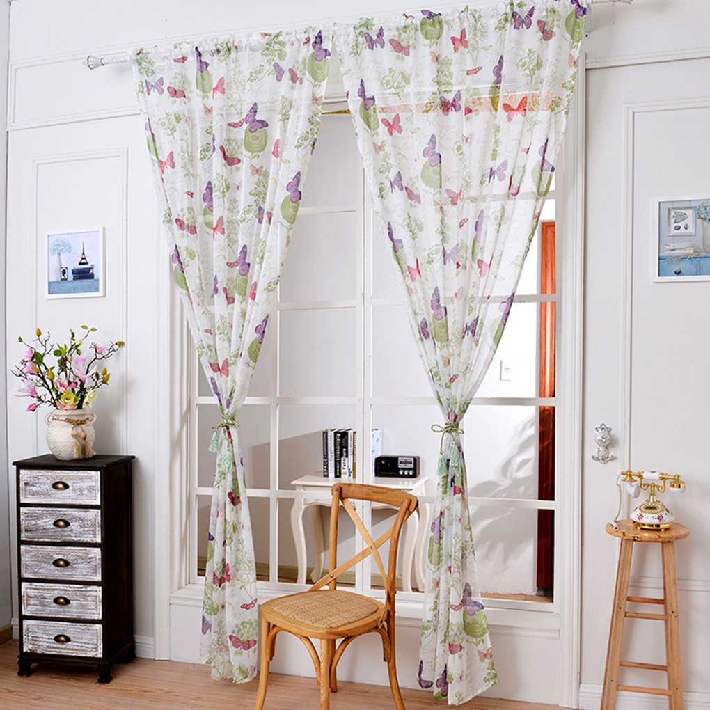 Voile Butterfly Embroidered Transparent Curtain Rod Pocket Top Wi