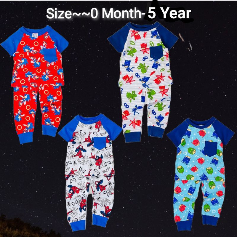 Set baju pyjamas basahan playset seluar panjang budak anak bayi kanak kanak lelaki baby boy spiderman cotton sejuk murah