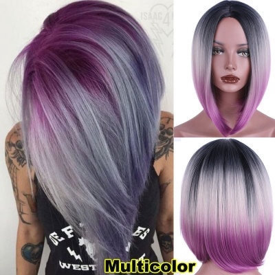 Fashion Purple Gray Black Mixed Color Short Wig Ombre Synthetic Straight Hair