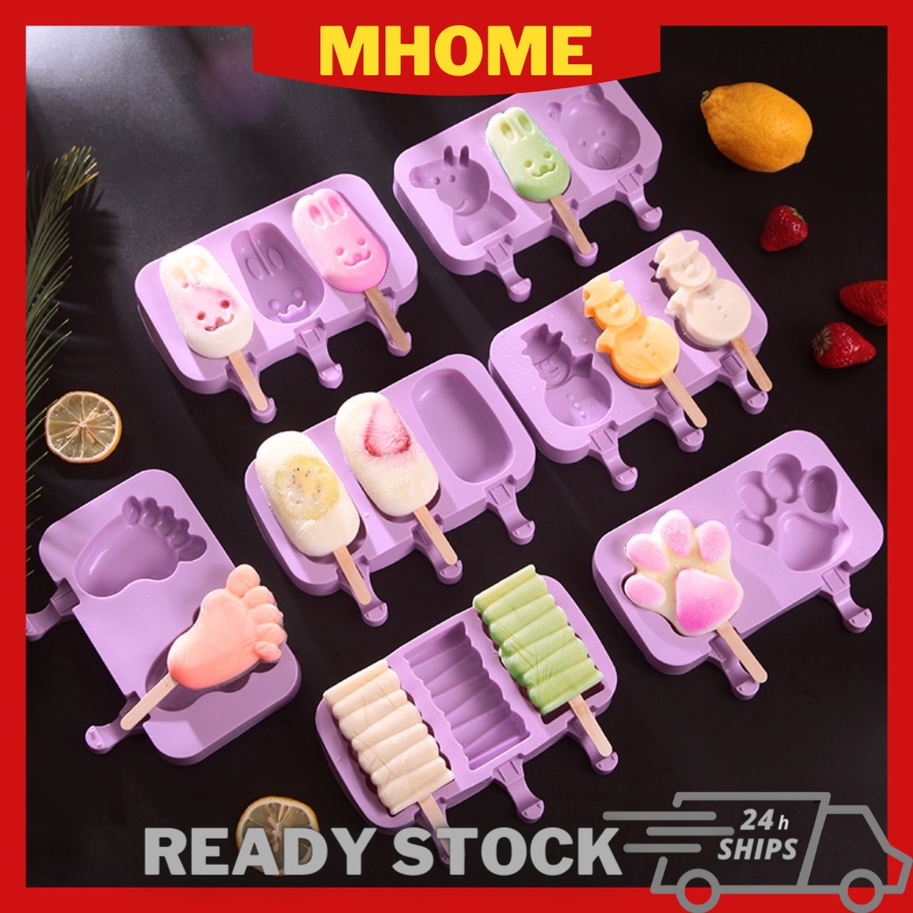 Silicone Ice Cream Mold Reusable Ice Cubes Tray Freeze Popsicle Mold DIY Ice Cream Maker Tool with 50 Wood Stick