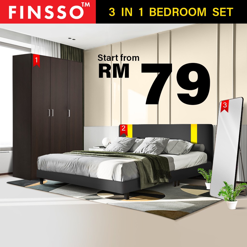 FINSSO: Bedroom Set Jules Queen Divan Bed Frame with 3 door Wooden Wardrobe / Dressing Mirror