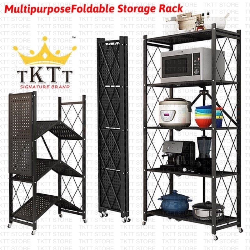 TKTT Powder Coating Foldable Storage Rack DIY Multifunctional Rack Wheel Castors Rack Dapur Rumah Rak Besi Serbaguna