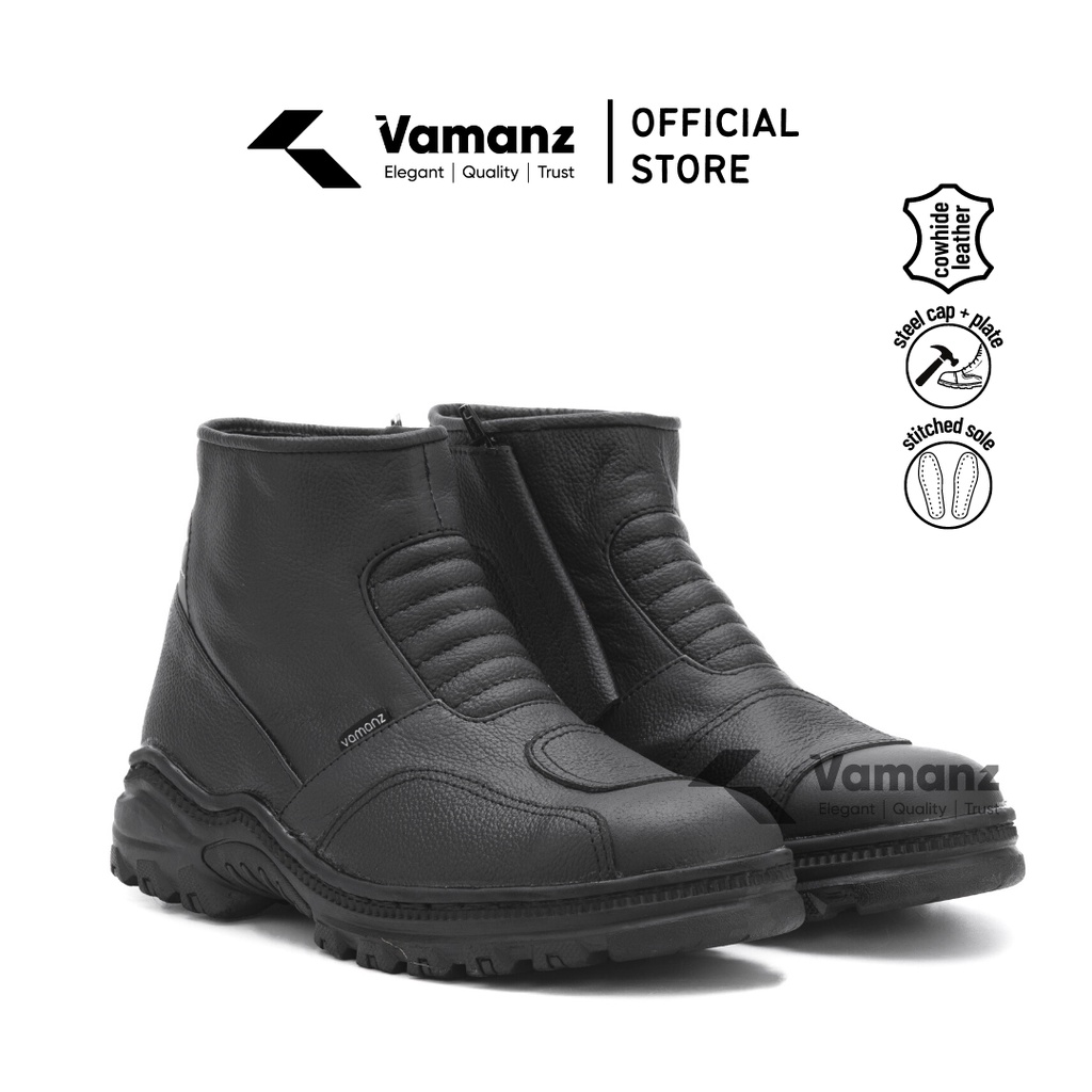 Vamanz Leather Steel Toe Original Cowhide Leather Mid Cut Biker Safety Boots Kasut Motor Kulit Hitam