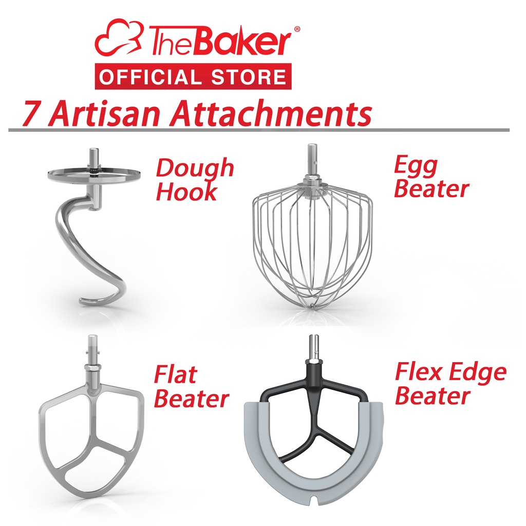 The Baker 7 Artisan Stand Mixer Attachments Dough Hook, Flat Beater, Whisk & Flex Edge Beater