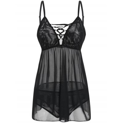 Plus Size Lingerie See Through Lingerie Chemise (BLACK)